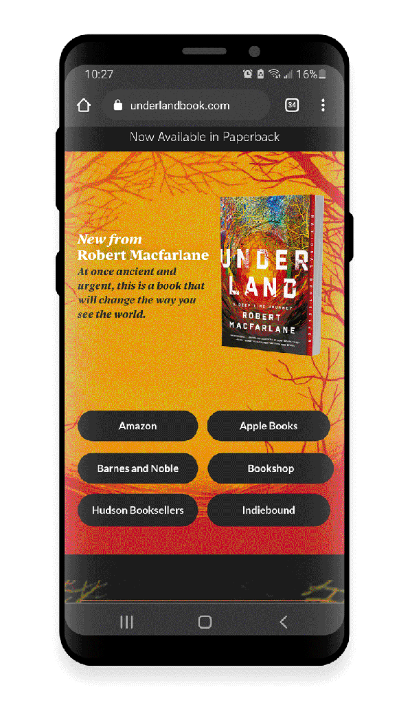 Gif. Mockup of Galaxy s9. Screen alternates between stills of the mobile layout of underlandbook.com