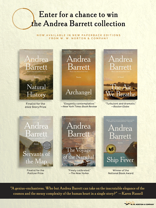 Eblast ad for a giveaway of the new paperback editions of Andrea Barrett's titles from W. W. Norton & Company